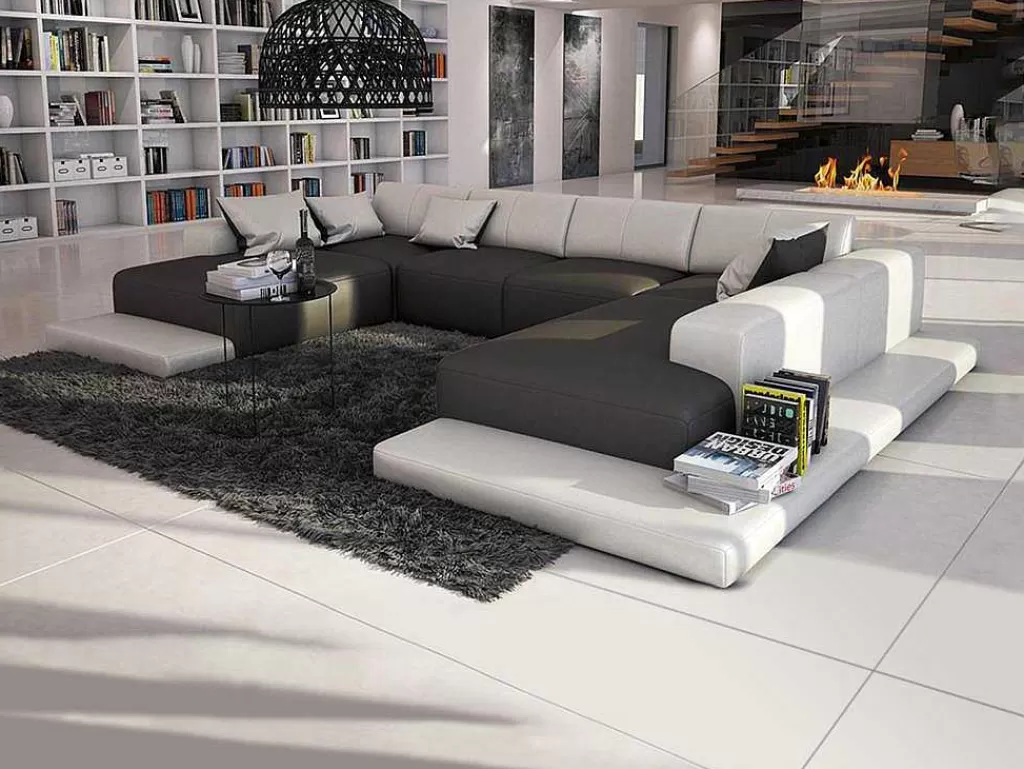 Sofá*Vente-unique Grande Sofá Panorâmico 7 Lugares Em Pele Sintética Duas Cores: Cinzento E Branco - Scosy