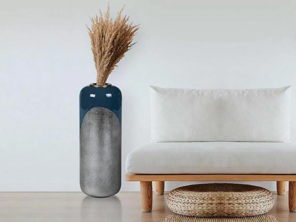 Objeto De Decoração Interior*OZAIA Grande Vaso Em Metal Esmaltado D. 30 X A. 82 Cm Preto E Folha Prateada - Perlin