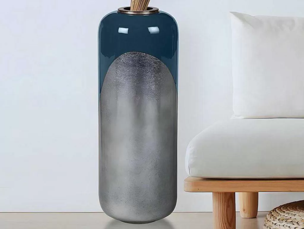 Objeto De Decoração Interior*OZAIA Grande Vaso Em Metal Esmaltado D. 30 X A. 82 Cm Preto E Folha Prateada - Perlin