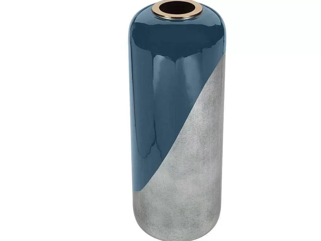 Objeto De Decoração Interior*OZAIA Grande Vaso Em Metal Esmaltado D. 30 X A. 82 Cm Preto E Folha Prateada - Perlin
