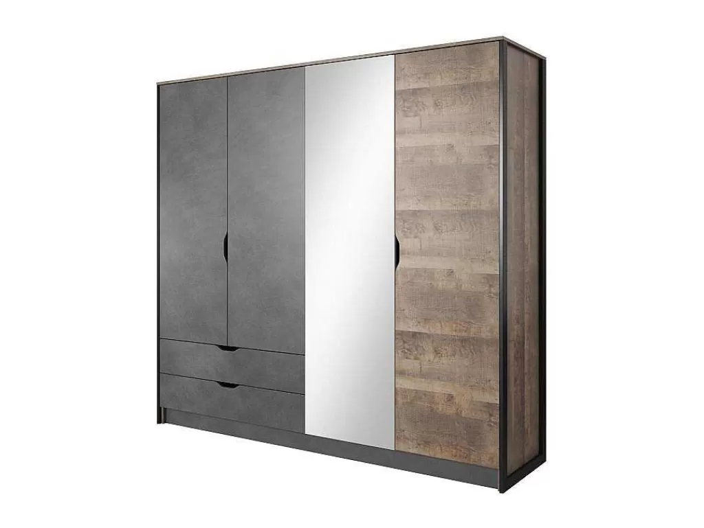 Armário E Roupeiro*Vente-unique Guarda-Roupa 4 Portas E 2 Gavetas Com Espelho C220 Cm Cor Natural E Antracite - Laonile