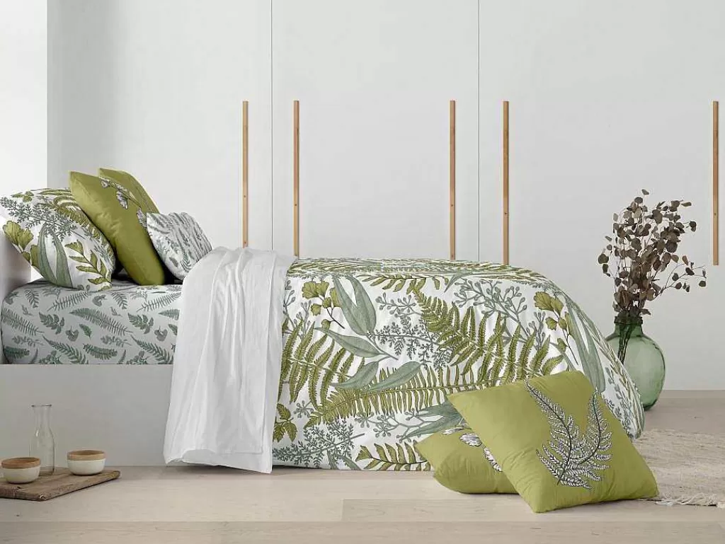 Roupa De Cama*Purline Housse De Couette 100% Coton 1 Piece Blanc A Plantes Vertes 240X240