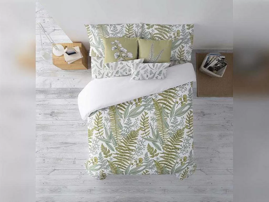 Roupa De Cama*Purline Housse De Couette 100% Coton 1 Piece Blanc A Plantes Vertes 240X240