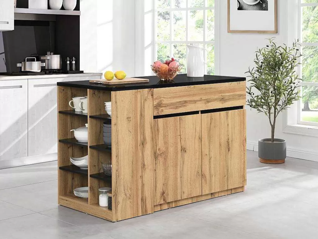 Móvel De Cozinha*Vente-unique Ilha Central Da Cozinha Com Espacos De Arrumação Preto E Natural - Meili