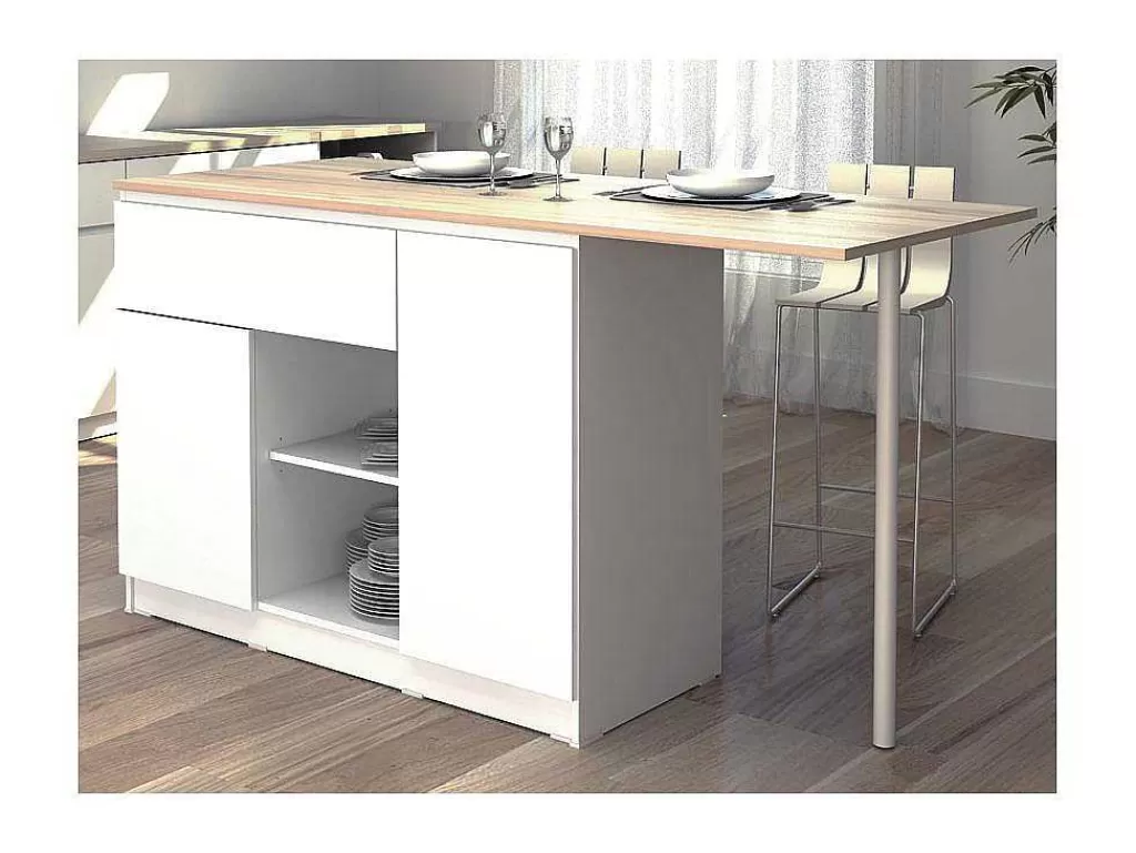 Ilha De Cozinha*Vente-unique Ilha Central De Cozinha Com 2 Portas, 1 Gaveta E 2 Nichos, Branco - Tunori