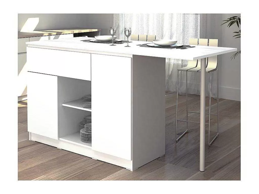 Ilha De Cozinha*Vente-unique Ilha Central De Cozinha Com 2 Portas, 1 Gaveta E 2 Nichos, Branco - Tunori
