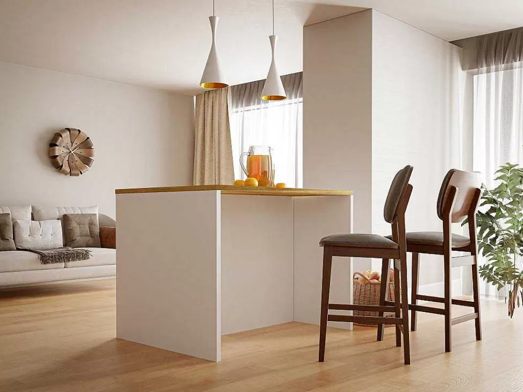 Ilha De Cozinha*Vente-unique Ilha Central De Cozinha Com 2 Portas, Branco E Natural - Mechila
