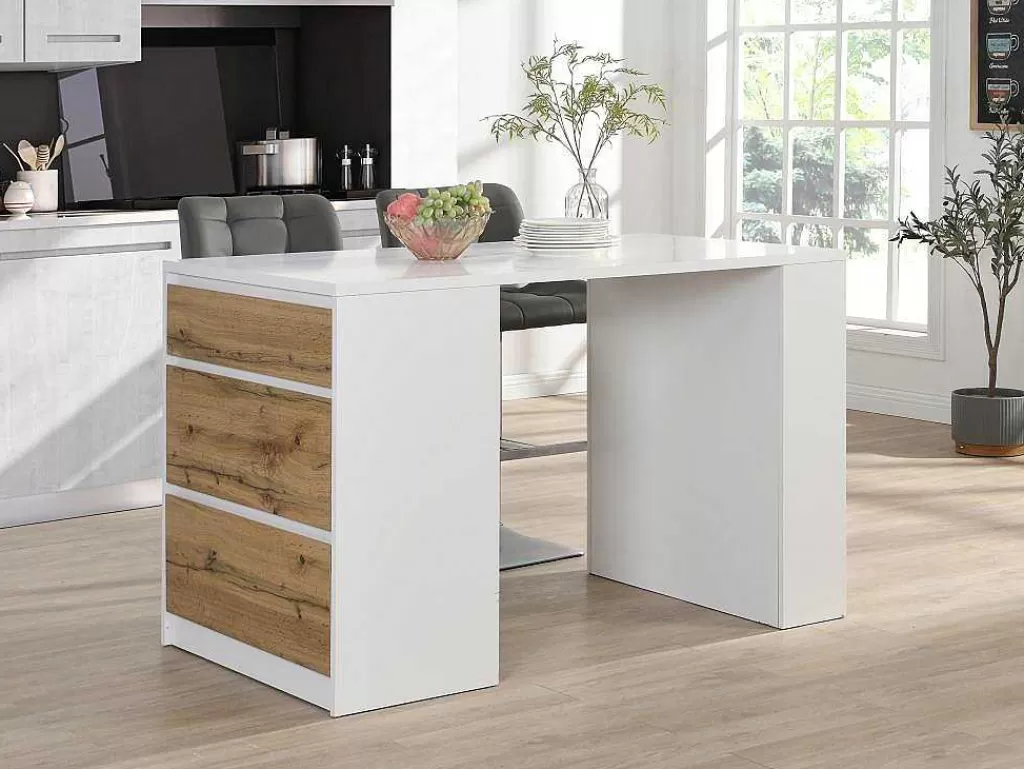 Móvel De Cozinha*Vente-unique Ilha Central De Cozinha Com 3 Gavetas E 8 Nichos Em Mdf Branco E Natural Claro - Palestrina