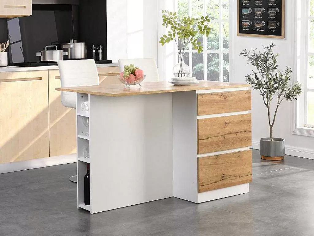 Ilha De Cozinha*Vente-unique Ilha Central De Cozinha Com 6 Gavetas E 4 Nichos Em Mdf Natural Claro E Branco - Pomarela