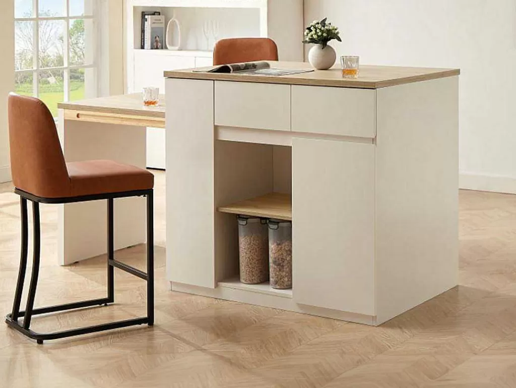 Móvel De Cozinha*Vente-unique Ilha Central De Cozinha Com Espacos De Arrumação Mdf Branco E Natural - Belaza