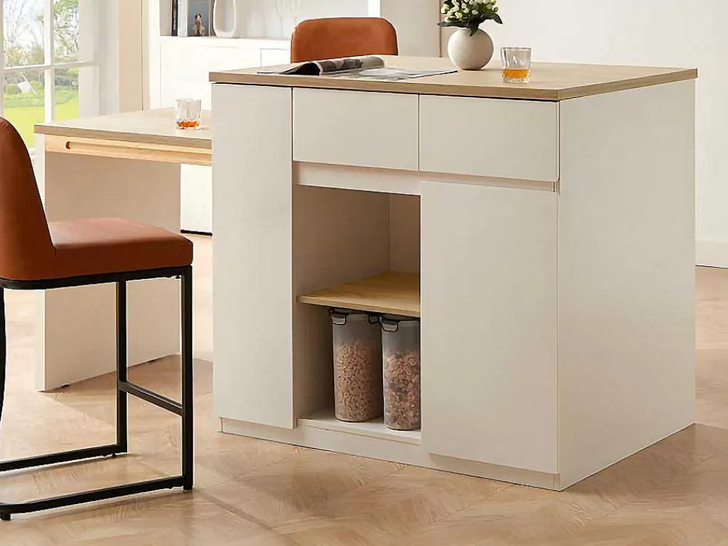 Móvel De Cozinha*Vente-unique Ilha Central De Cozinha Com Espacos De Arrumação Mdf Branco E Natural - Belaza