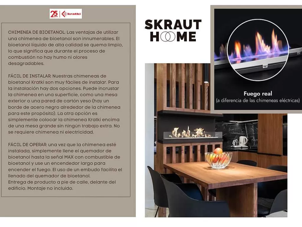 Promoções Sala*Skraut Home Lareira Bioetanol, 50 Cm, Queimador Bioetanol, Aco Inoxidavel, Modelo Kratki