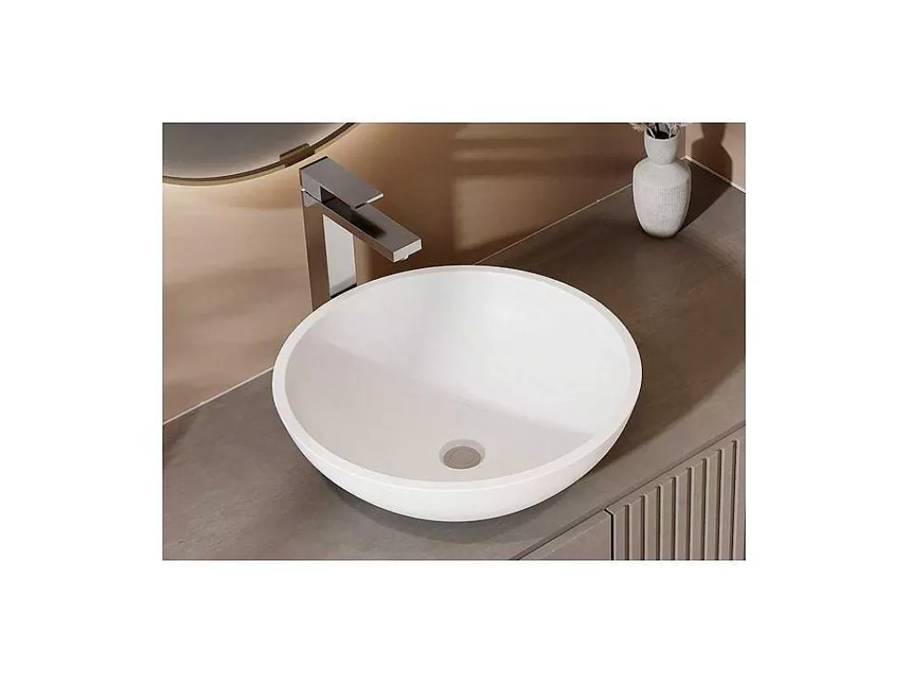 Lavatório*Shower & Design Lavatório De Casa De Banho Redondo Em Solid Surface De 40 Cm Cor Branco - Imja