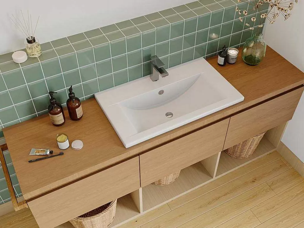 Lavatório*Shower & Design Lavatório De Casa De Banho Semi-Encastrado Retangular Ceramica, 71,5 Cm, Branco - Yasmac Ii