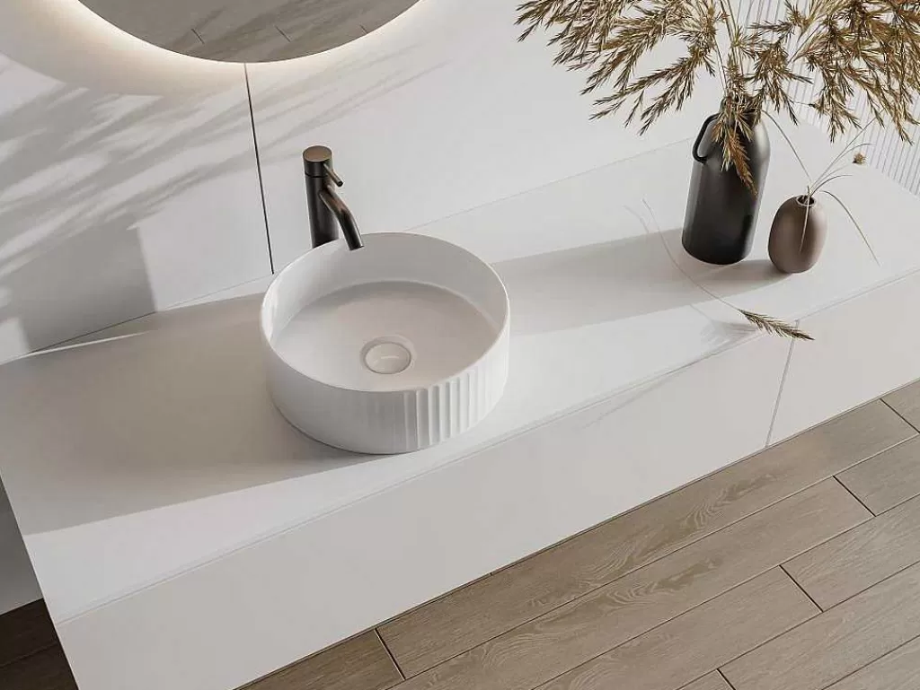 Lavatório*Shower & Design Lavatório De Pousar Ceramica Branco Estriado Redondo 36 Cm - Pedara