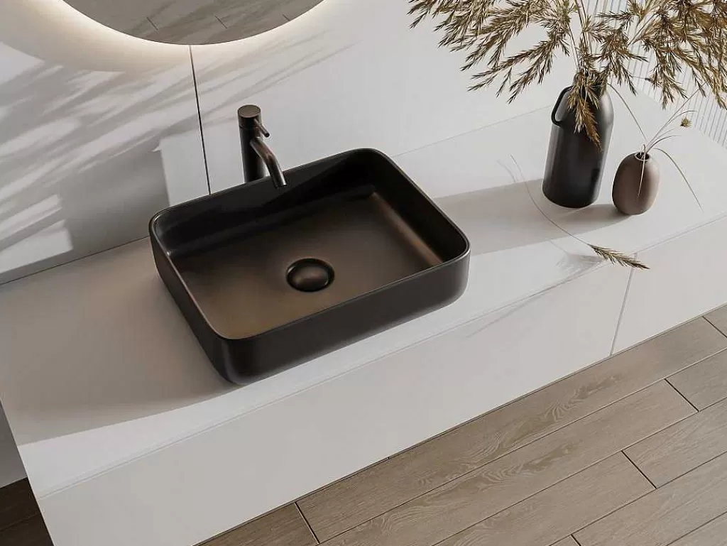 Lavatório*Shower & Design Lavatório De Pousar Retangular Em Ceramica Preto Fosco 50X30 Cm - Juniko Ii