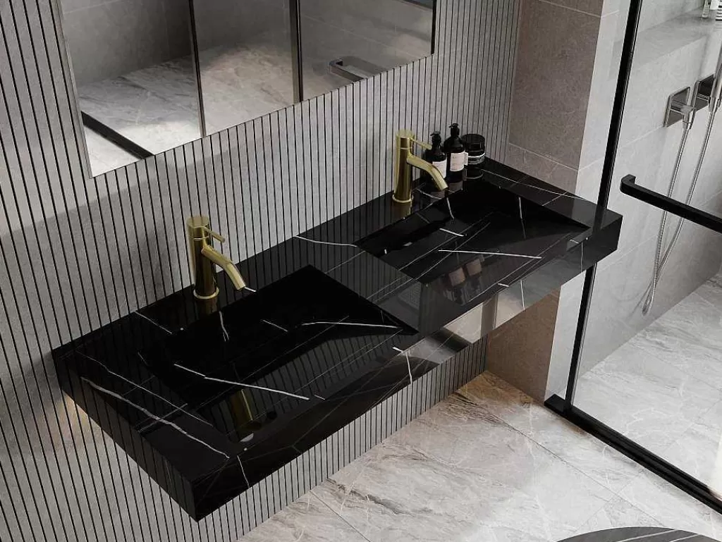 Lavatório*Shower & Design Lavatório Duplo Suspenso Em Solid Surface Efeito Marmore Preto C120,2Xl45,2Xa8 Cm - Takotna