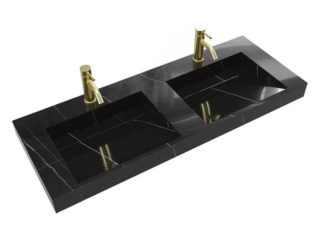 Lavatório*Shower & Design Lavatório Duplo Suspenso Em Solid Surface Efeito Marmore Preto C120,2Xl45,2Xa8 Cm - Takotna