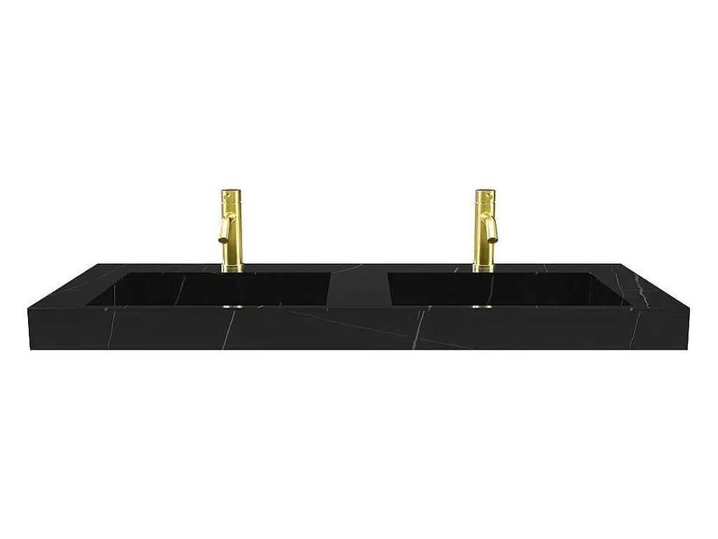 Lavatório*Shower & Design Lavatório Duplo Suspenso Em Solid Surface Efeito Marmore Preto C120,2Xl45,2Xa8 Cm - Takotna