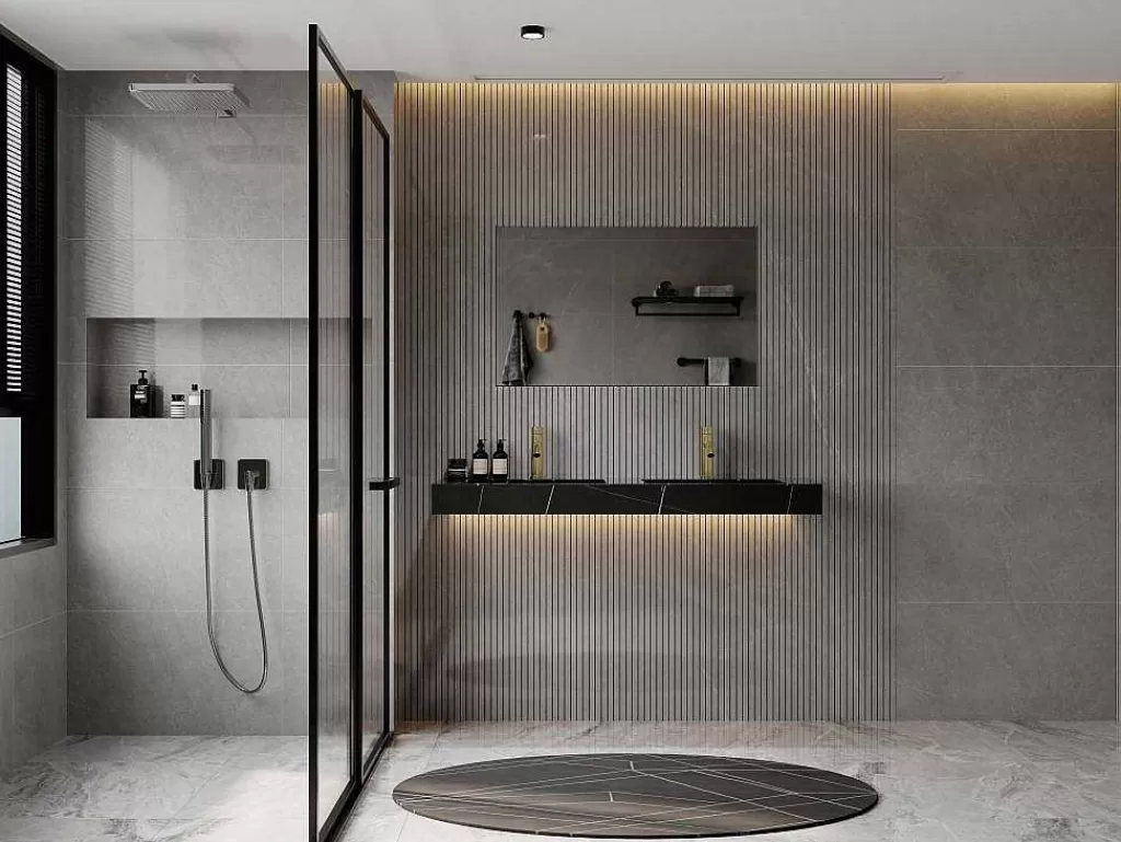 Lavatório*Shower & Design Lavatório Duplo Suspenso Em Solid Surface Efeito Marmore Preto C120,2Xl45,2Xa8 Cm - Takotna