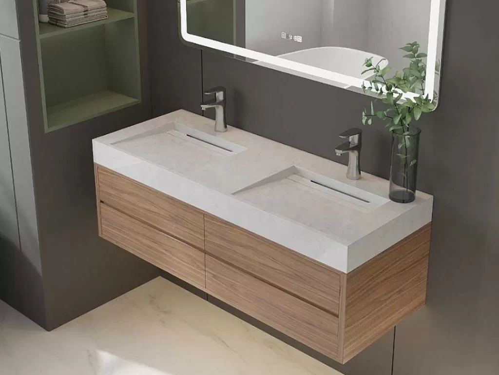 Lavatório*Shower & Design Lavatório Duplo Suspenso Em Superficie Solida Efeito Marmore Branco De C120,2 X L45,2 X A8 Cm - Kodiak