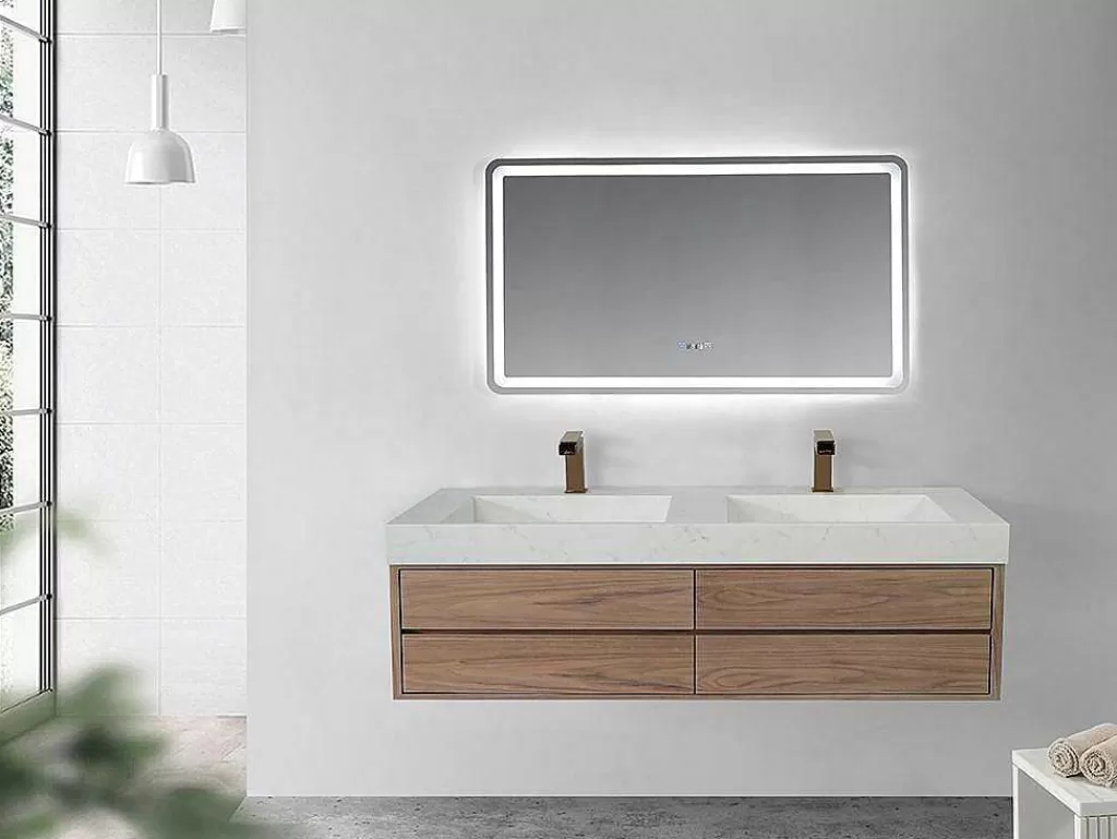 Lavatório*Shower & Design Lavatório Duplo Suspenso Em Superficie Solida Efeito Marmore Branco De C120,2 X L45,2 X A8 Cm - Kodiak