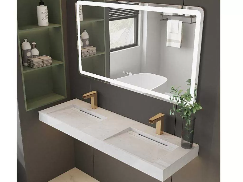 Lavatório*Shower & Design Lavatório Duplo Suspenso Em Superficie Solida Efeito Marmore Branco De C140,2 X L45,2 X A8 Cm - Kodiak