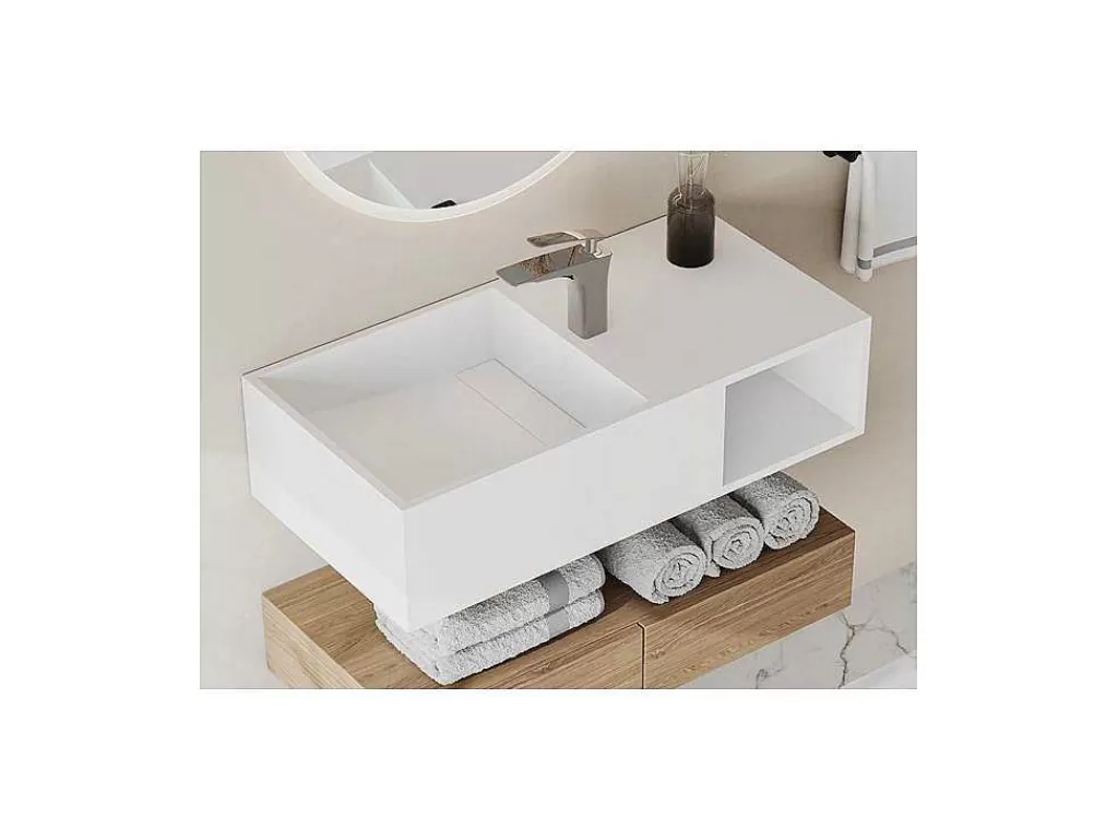 Móvel De Parede Para Casa De Banho*Shower & Design Lavatório Suspenso Em Solid Surface Com Nicho Cor Branco De C80 X L40 X A20 Cm - Goyoko