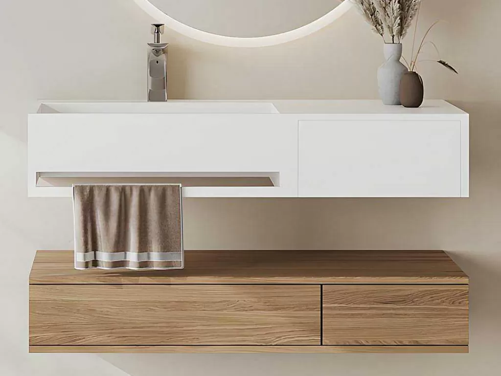 Móvel De Parede Para Casa De Banho*Shower & Design Lavatório Suspenso Em Solid Surface Com Nicho Cor Branco De C80 X L40 X A20 Cm - Goyoko