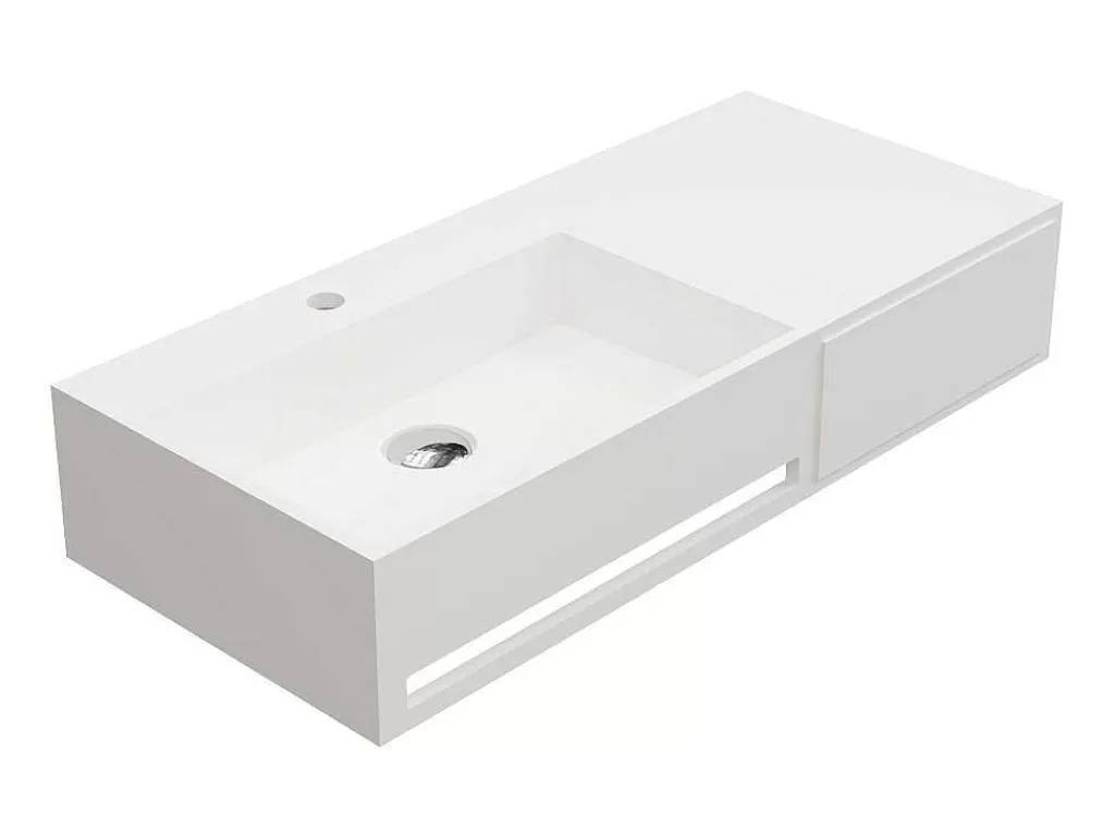 Móvel De Parede Para Casa De Banho*Shower & Design Lavatório Suspenso Em Solid Surface Com Toalheiro Cor Branco De C90 X L40 X A17 Cm - Gandaki