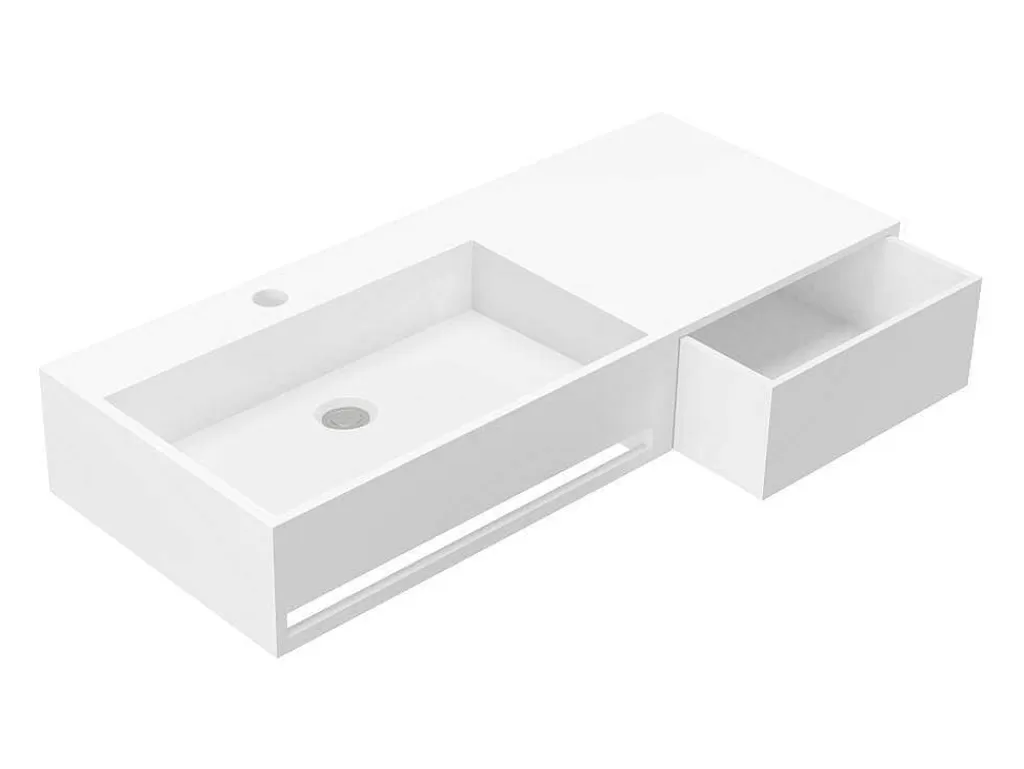 Móvel De Parede Para Casa De Banho*Shower & Design Lavatório Suspenso Em Solid Surface Com Toalheiro Cor Branco De C90 X L40 X A17 Cm - Gandaki