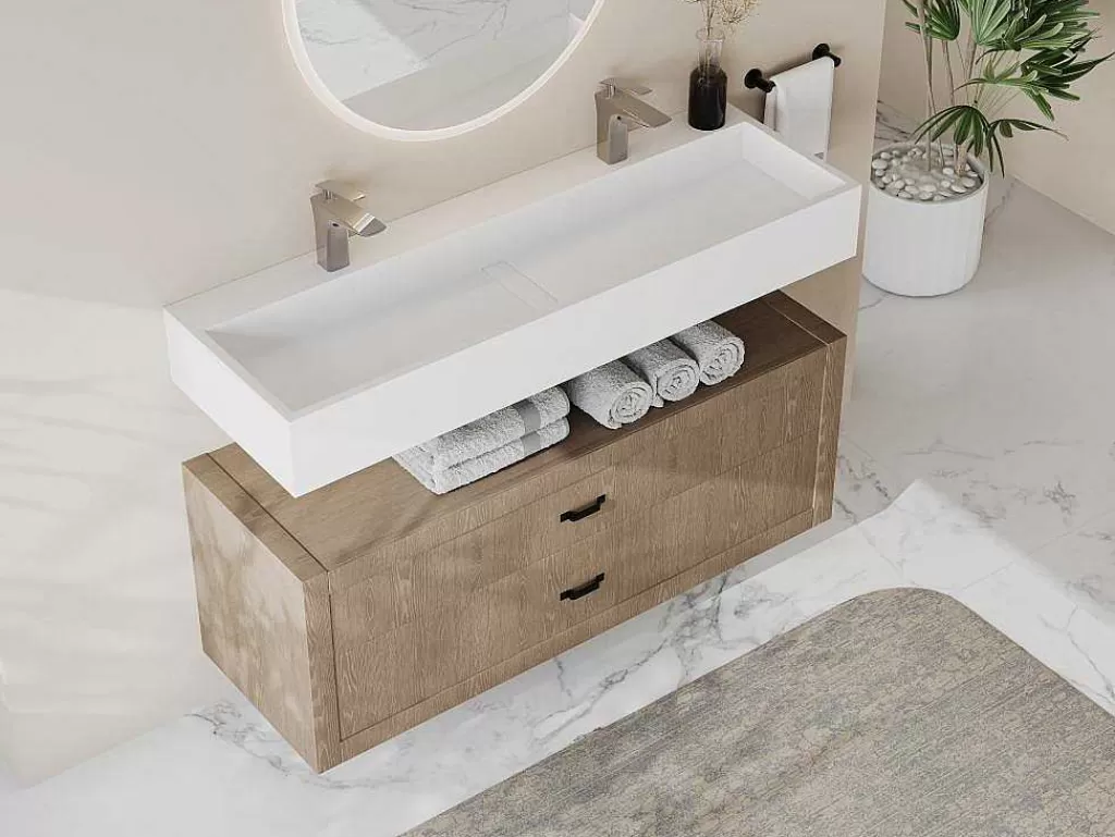 Móvel De Parede Para Casa De Banho*Shower & Design Lavatório Suspenso Em Solid Surface Cor Branco De C120 X L40 X A15 Cm - Yamdrok