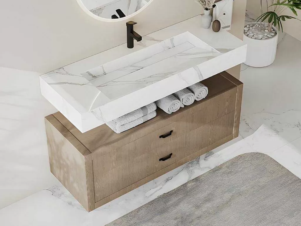 Lavatório*Shower & Design Lavatório Suspenso Em Superficie Solida Efeito Marmore Branco De C120,2 X L45,2 X A8 Cm - Takotna