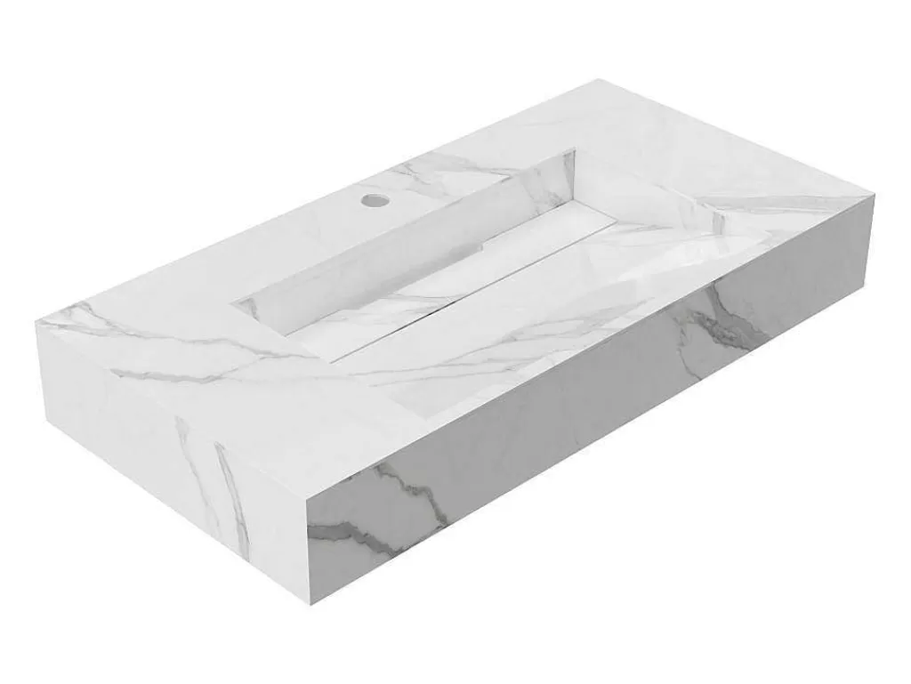 Lavatório*Shower & Design Lavatório Suspenso Em Superficie Solida Efeito Marmore Branco De C90,2 X L45,2 X A8 Cm - Takotna