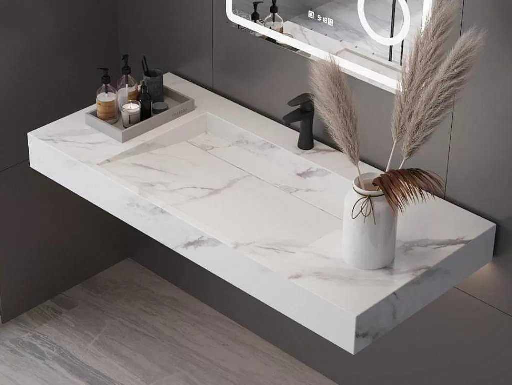 Lavatório*Shower & Design Lavatório Suspenso Em Superficie Solida Efeito Marmore Branco De C90,2 X L45,2 X A8 Cm - Takotna