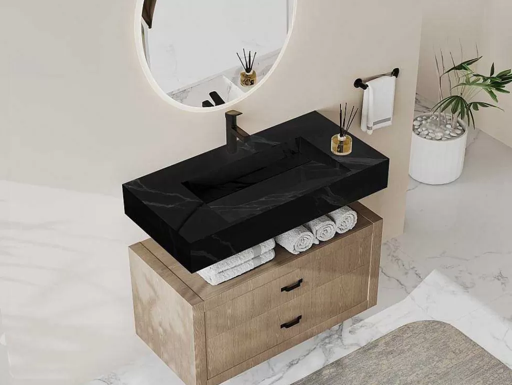 Lavatório*Shower & Design Lavatório Suspenso Em Superficie Solida Efeito Marmore Preto De C90,2 X L45,2 X A8 Cm - Takotna