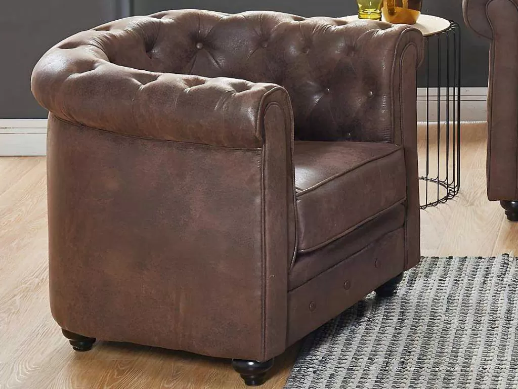 Poltrona Em Tecido*Vente-unique Lote De 2 Cadeiroes Chesterfield Em Microfibra Aspeto Pele Envelhecida