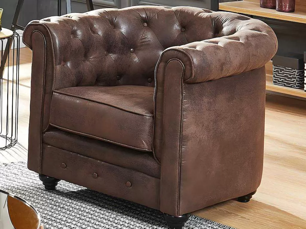 Poltrona Em Tecido*Vente-unique Lote De 2 Cadeiroes Chesterfield Em Microfibra Aspeto Pele Envelhecida