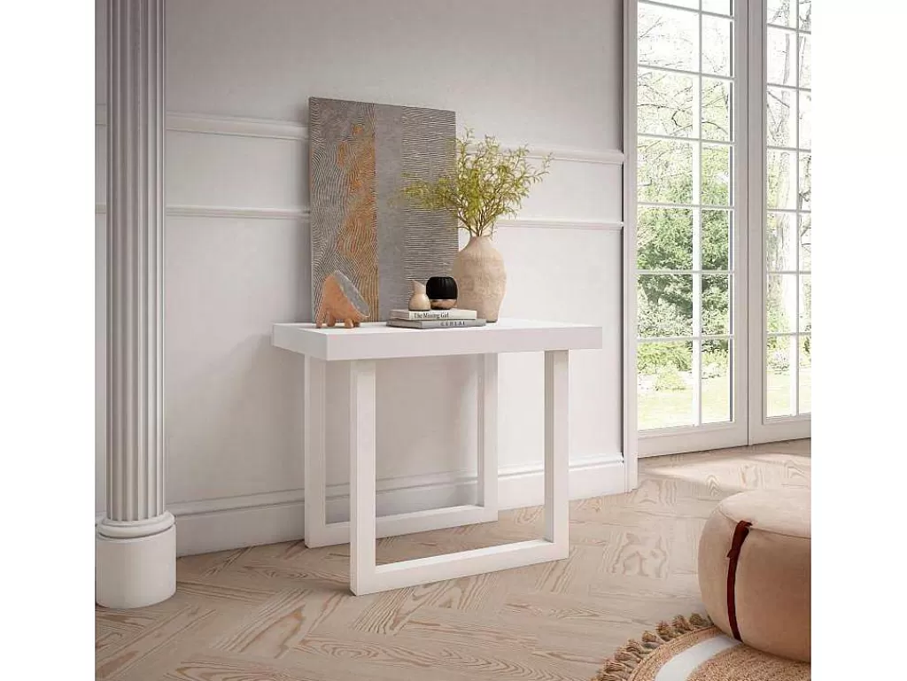 Consola*Skraut Home Mesa Consola Extensivel, 260, Para 12 Péssoas, Pés De Madeira, Branco E Cinzento