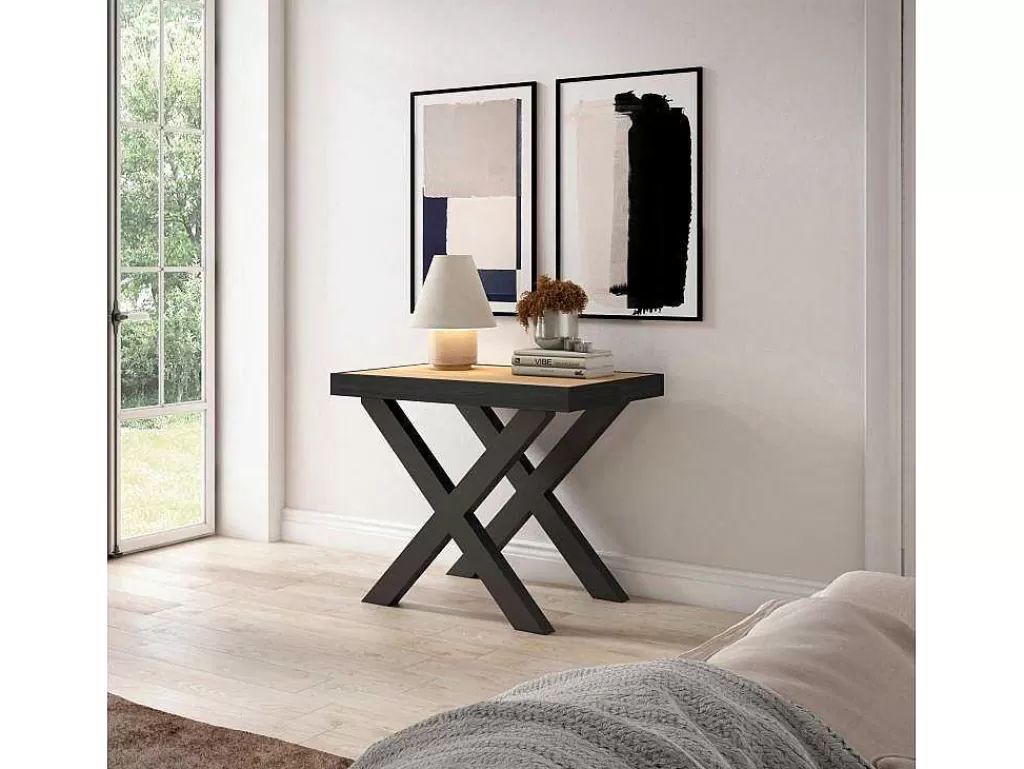 Consola*Skraut Home Mesa Consola Extensivel, 260, Para 12 Péssoas, Pés De Madeira, Carvahlo E Preto