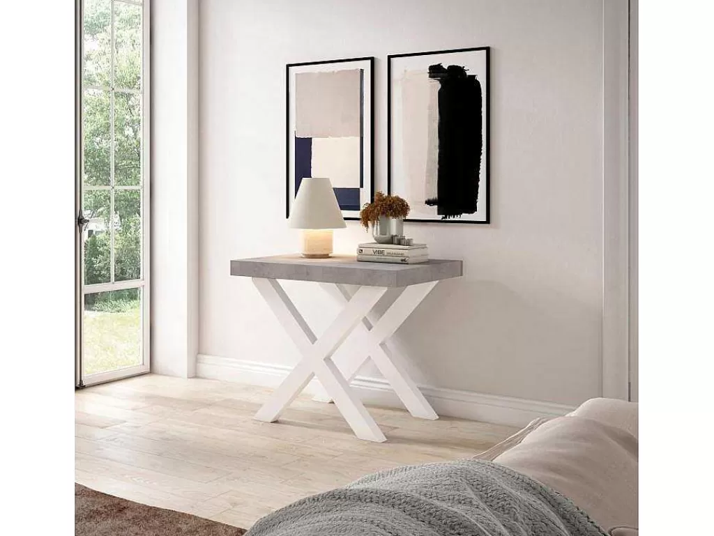 Consola*Skraut Home Mesa Consola Extensivel, 260, Para 12 Péssoas, Pés De Madeira, Cimento