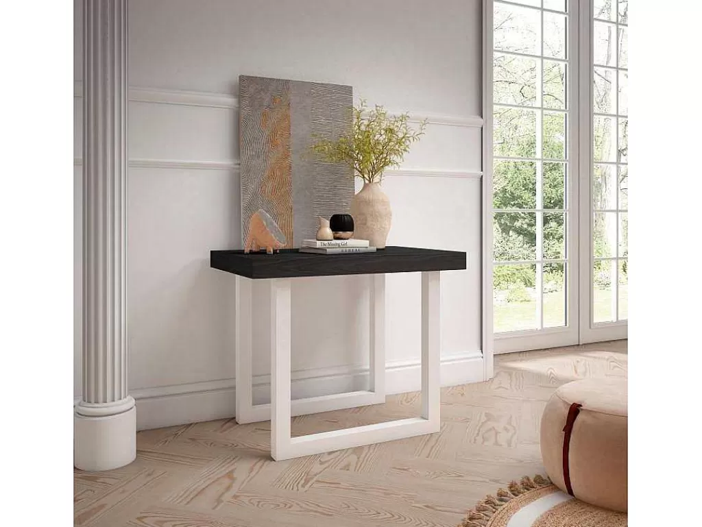 Consola*Skraut Home Mesa Consola Extensivel, 300, Para 14 Péssoas, Pés De Madeira, Preto