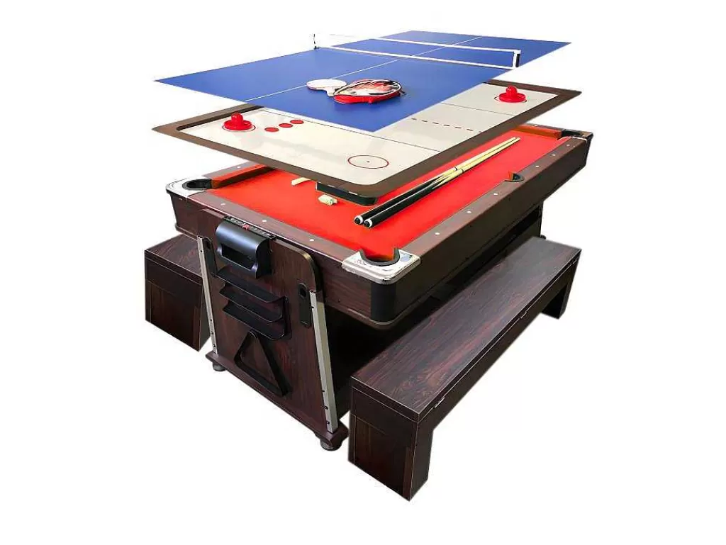 Jogo De Interior*ELITESHOPPING Mesa De Bilhar 7 Pés Multijogo Vermelho Air Hockey + Ping Pong - Stark Com Bancos