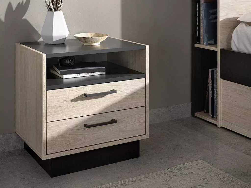 Mesa De Cabeceira*Vente-unique Mesa De Cabeceira 2 Gavetas E 1 Nicho Cor Natural E Antracite - Leandre