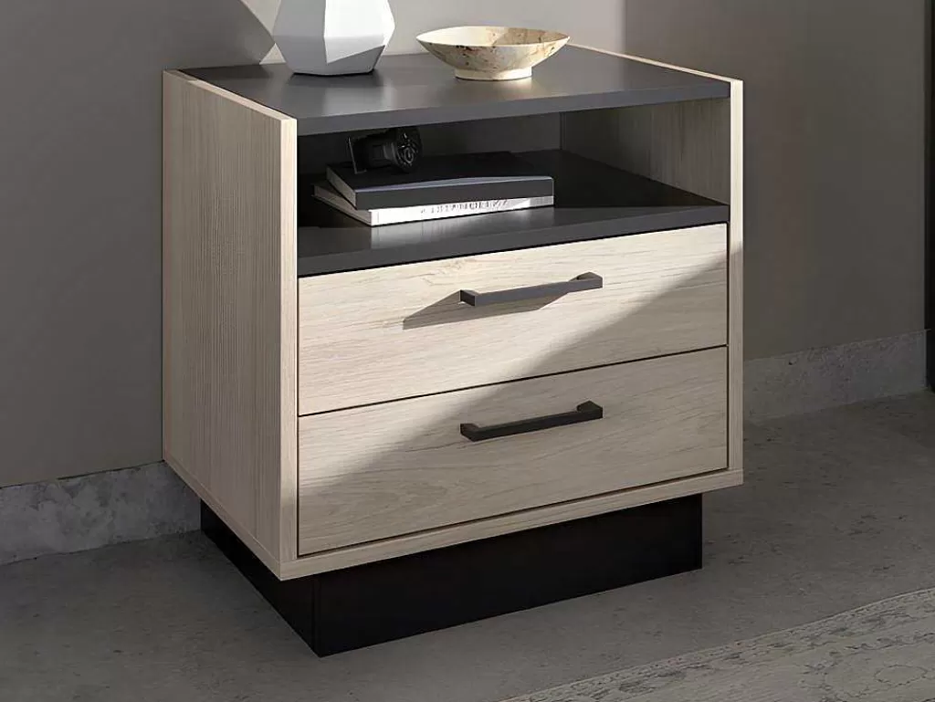 Mesa De Cabeceira*Vente-unique Mesa De Cabeceira 2 Gavetas E 1 Nicho Cor Natural E Antracite - Leandre