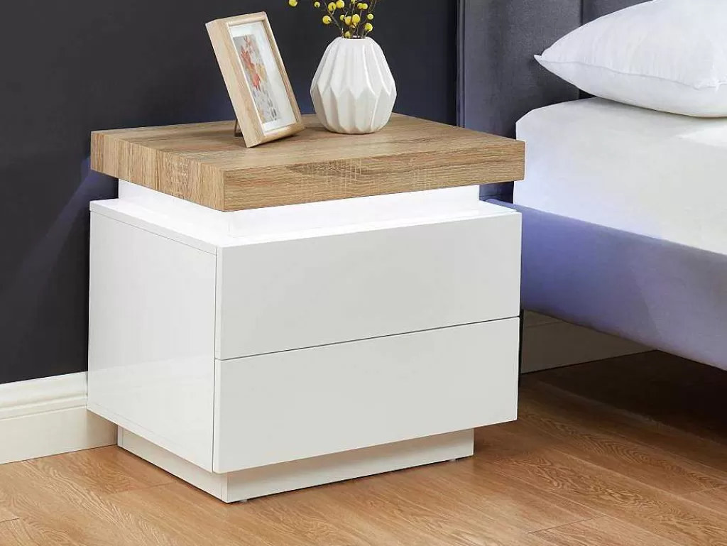 Mesa De Cabeceira*Vente-unique Mesa De Cabeceira - 2 Gavetas - Mdf Lacado - Com Leds - Cor: Branco E Carvalho - Halo Ii