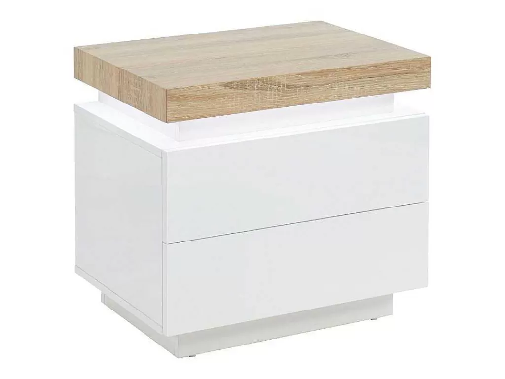 Mesa De Cabeceira*Vente-unique Mesa De Cabeceira - 2 Gavetas - Mdf Lacado - Com Leds - Cor: Branco E Carvalho - Halo Ii