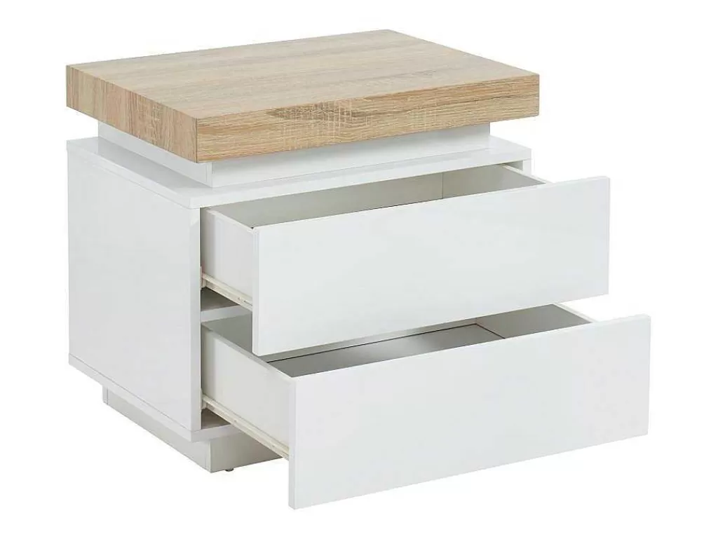 Mesa De Cabeceira*Vente-unique Mesa De Cabeceira - 2 Gavetas - Mdf Lacado - Com Leds - Cor: Branco E Carvalho - Halo Ii