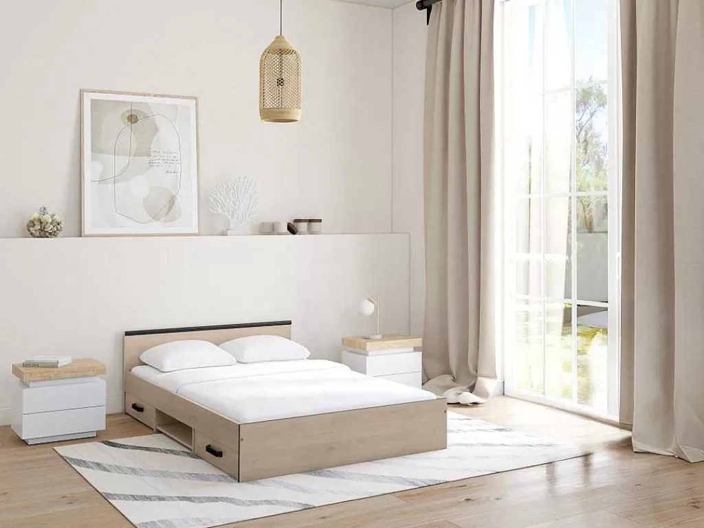 Mesa De Cabeceira*Vente-unique Mesa De Cabeceira - 2 Gavetas - Mdf Lacado - Com Leds - Cor: Branco E Carvalho - Halo Ii