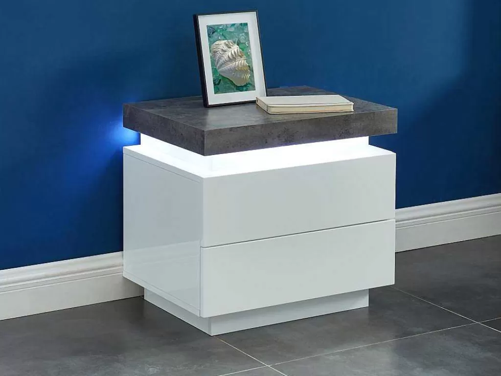 Mesa De Cabeceira*Vente-unique Mesa De Cabeceira - 2 Gavetas - Mdf Lacado - Com Leds - Cor: Branco E Cinza Cimento - Halo Ii